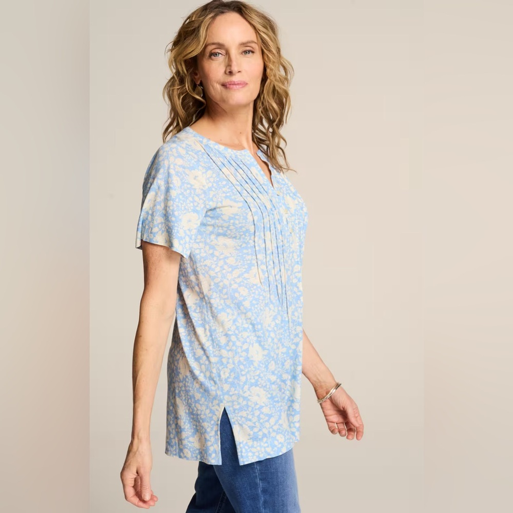 NWOT J. Jill Linen-Blend Flutter-Sleeve Tunic Blue Botanical‎ 2X Prairie Coastal
